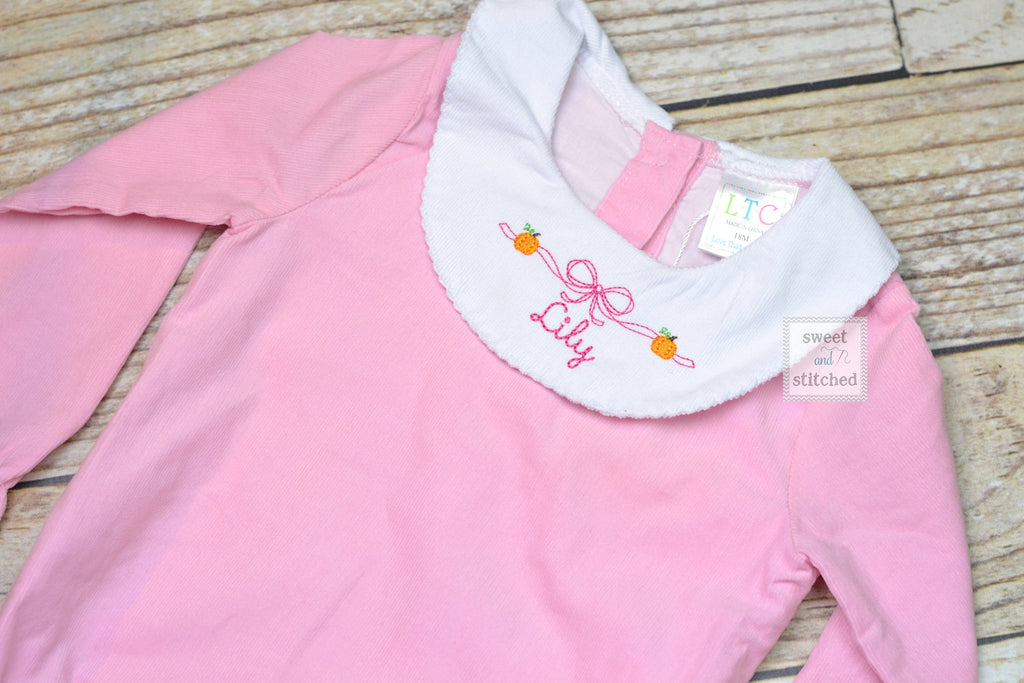 Baby girl monogrammed Thanksgiving bishop bubble in pink corduroy, Ruffle Fall bubble with pumpkins and name, girls fall outfit