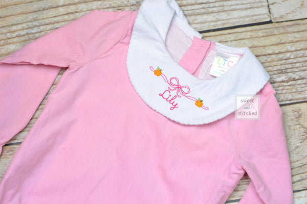 Baby girl monogrammed Thanksgiving bishop bubble in pink corduroy, Ruffle Fall bubble with pumpkins and name, girls fall outfit