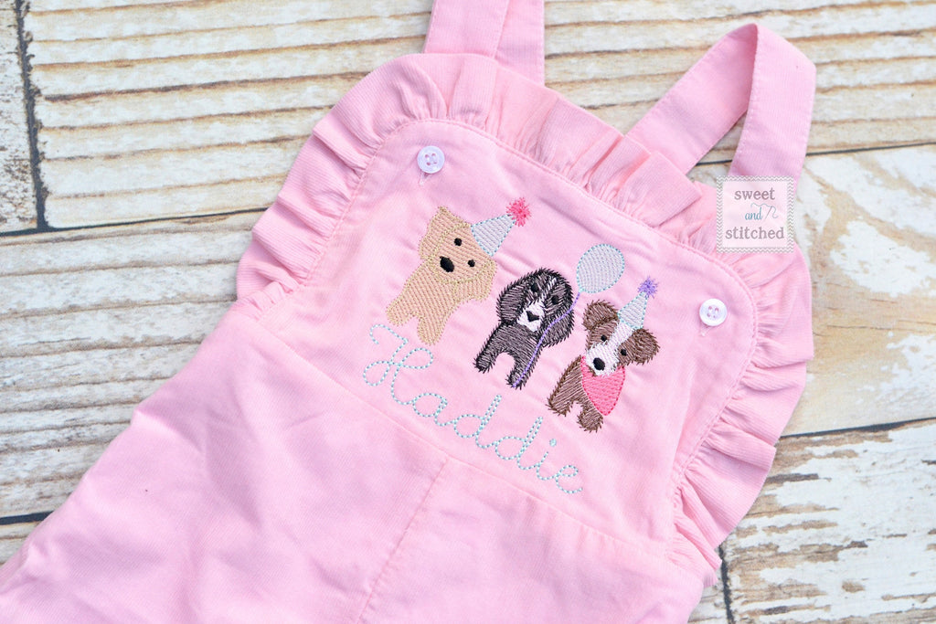 Baby girl monogrammed dog birthday overalls, monogrammed dog birthday party outfit, puppy birthday cake smash