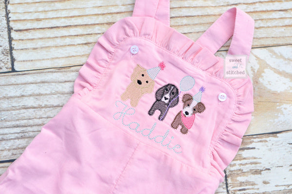 Baby girl monogrammed dog birthday overalls, monogrammed dog birthday party outfit, puppy birthday cake smash