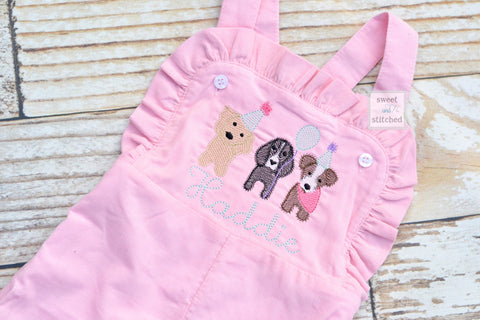 Baby girl monogrammed dog birthday overalls, monogrammed dog birthday party outfit, puppy birthday cake smash