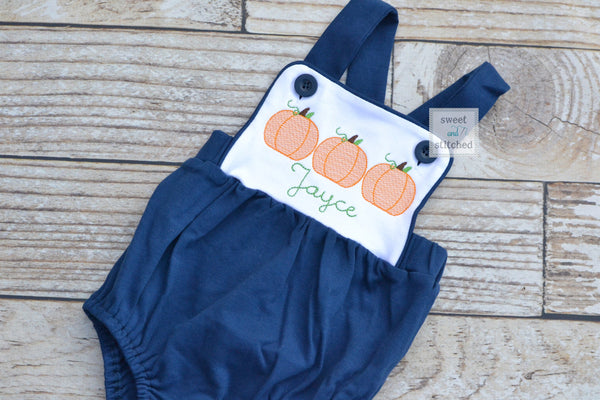 Monogrammed baby boy pumpkin outfit, monogrammed boys fall halloween thanksgiving outfit, bubble romper color block