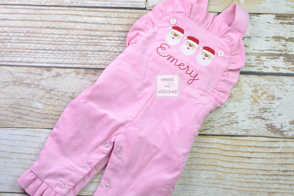 Baby girl monogrammed Christmas overalls with santas, monogrammed corduroy overalls, Pink Cord Christmas outfit, Santa pics