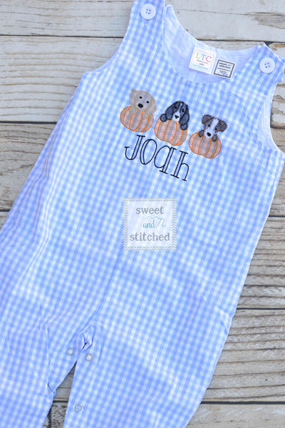 Personalized Boys Pumpkin outfit with pumpkin dogs design and name - Baby Boy fall, halloween, thanksgiving Outfit, thanksgiving overalls