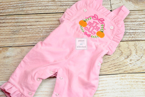 Baby girl monogrammed fall pumpkin overalls with sweet pumpkin monogram frame, monogrammed corduroy overalls, Pink Cord thanksgiving outfit