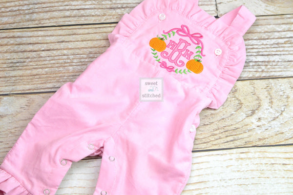 Baby girl monogrammed fall pumpkin overalls with sweet pumpkin monogram frame, monogrammed corduroy overalls, Pink Cord thanksgiving outfit
