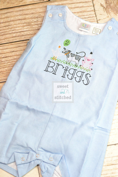 Monogrammed baby boy jon jon with farm birthday design, farm animal baby boy birthday outfit with name, cake smash outfit