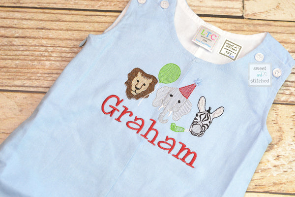 Monogrammed baby boy jon jon with zoo animals, safari themed baby boy birthday outfit with name, zoo cake smash outfit, monogrammed jon jon
