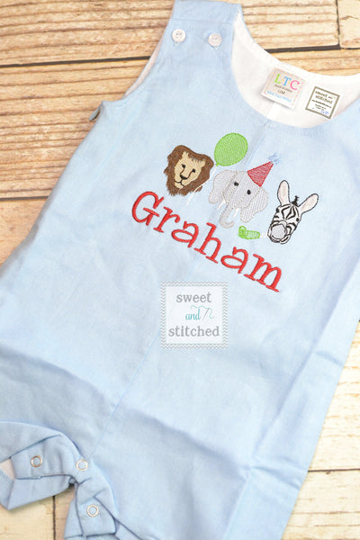 Monogrammed baby boy jon jon with zoo animals, safari themed baby boy birthday outfit with name, zoo cake smash outfit, monogrammed jon jon