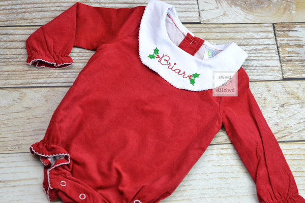 Baby girl monogrammed Christmas bishop bubble in red corduroy, Ruffle Christmas bubble, girls Christmas outfit