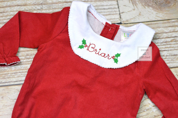 Baby girl monogrammed Christmas bishop bubble in red corduroy, Ruffle Christmas bubble, girls Christmas outfit