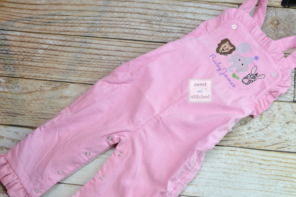 Baby girl monogrammed zoo birthday overalls, monogrammed zoo animal birthday party outfit, safari birthday cake smash