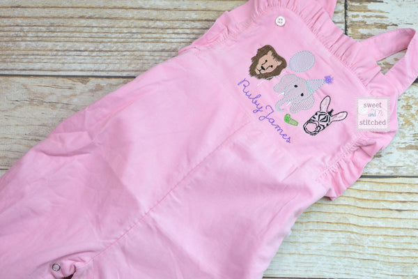 Baby girl monogrammed zoo birthday overalls, monogrammed zoo animal birthday party outfit, safari birthday cake smash