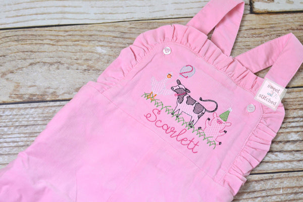Baby girl monogrammed farm themed birthday overalls, monogrammed 1st birthday party outfit, farm animal birthday outfit