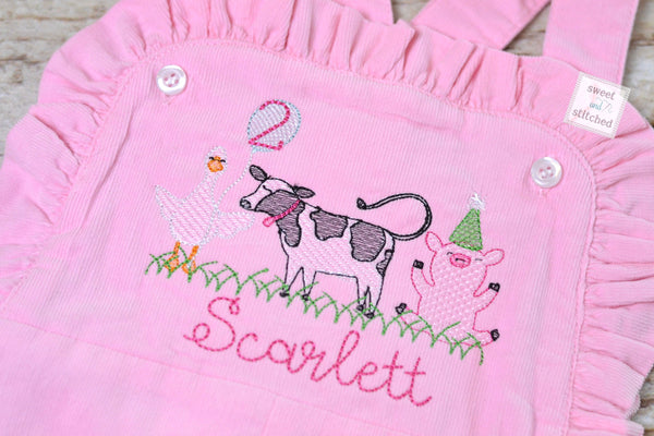 Baby girl monogrammed farm themed birthday overalls, monogrammed 1st birthday party outfit, farm animal birthday outfit