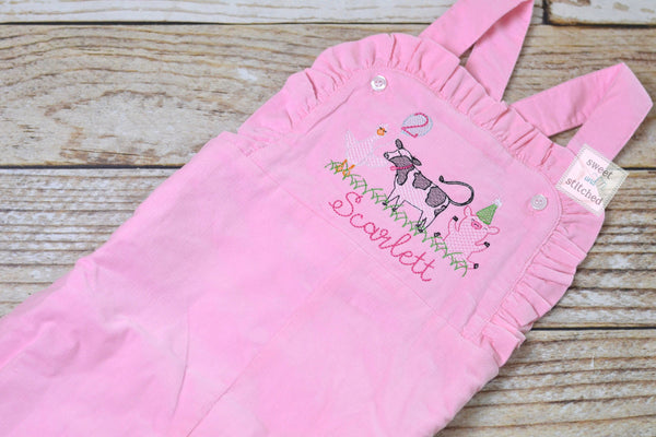 Baby girl monogrammed farm themed birthday overalls, monogrammed 1st birthday party outfit, farm animal birthday outfit