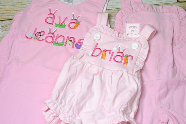 Monogrammed baby girl pink ruffle overalls with easter design, girls monogrammed easter outfit, 1st easter outfit, sibling easter outfits