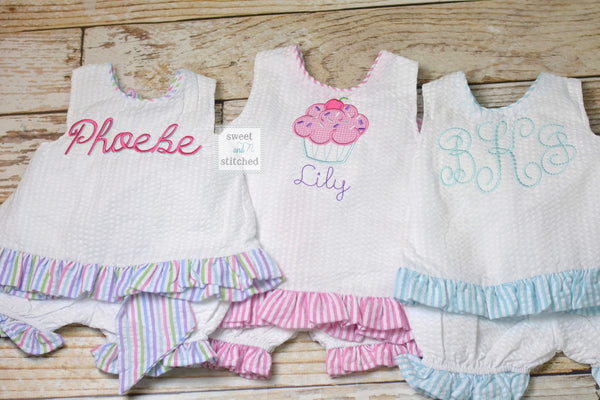 Baby girl swing back bloomer set, cupcake birthday outfit, Monogrammed cake smash outfit, baby bloomer set, 1st birthday outfit