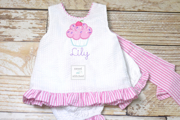 Baby girl swing back bloomer set, cupcake birthday outfit, Monogrammed cake smash outfit, baby bloomer set, 1st birthday outfit