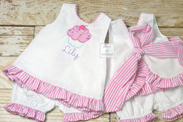 Baby girl swing back bloomer set, cupcake birthday outfit, Monogrammed cake smash outfit, baby bloomer set, 1st birthday outfit