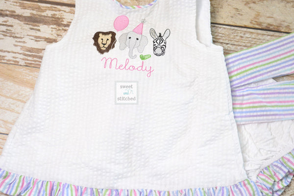 Baby girl swing back bloomer set with zoo theme, party animal birthday outfit, baby bloomer set, cake smash outfit, swing back set