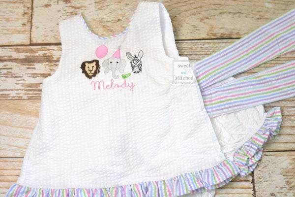 Baby girl swing back bloomer set with zoo theme, party animal birthday outfit, baby bloomer set, cake smash outfit, swing back set