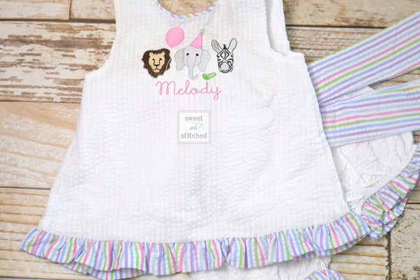 Baby girl swing back bloomer set with zoo theme, party animal birthday outfit, baby bloomer set, cake smash outfit, swing back set