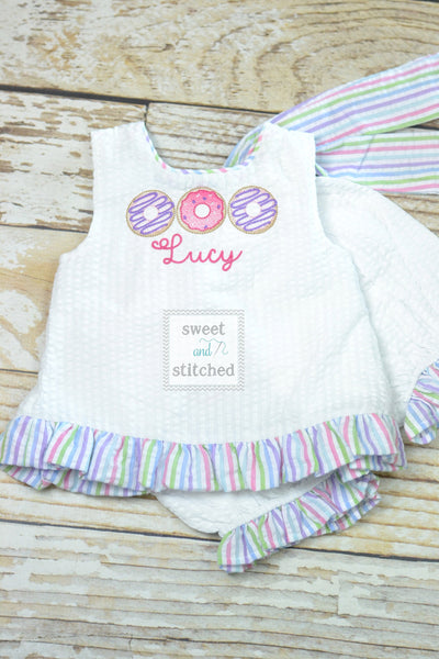 Baby girl swing back bloomer set with donut theme, donut birthday outfit, baby bloomer set, cake smash outfit, swing back set