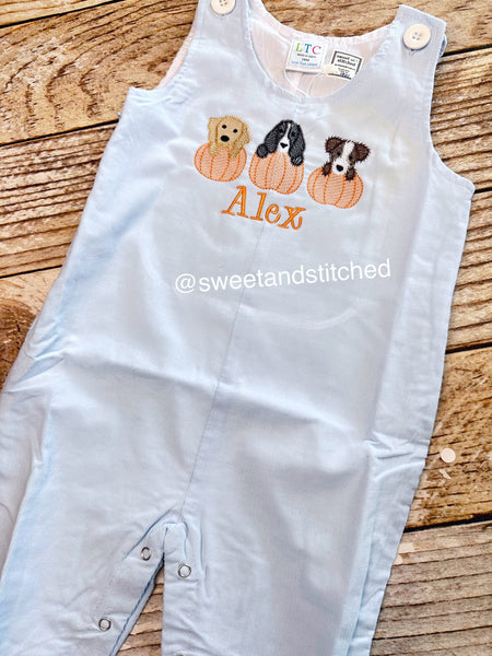 Monogrammed boys pumpkin overalls in baby blue corduroy, Boys halloween fall outfit with dogs and pumpkins, baby boy thanksgiving outfit