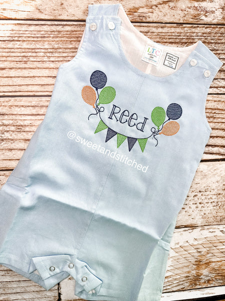 Monogrammed baby boy jon jon with balloons and bunting flags, baby boy birthday outfit with name, cake smash outfit, monogrammed jon jon