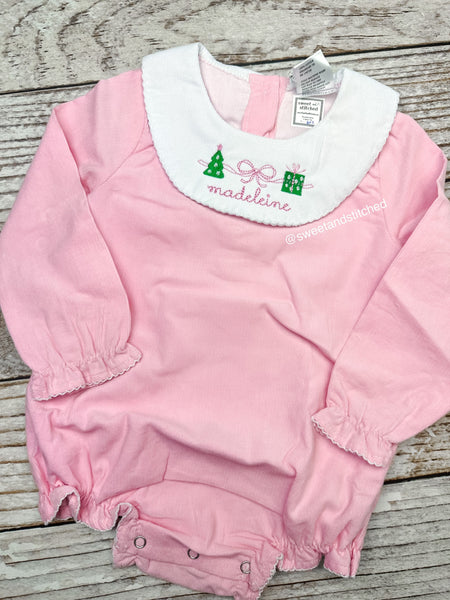 Baby girl monogrammed Christmas bishop bubble in pink corduroy, Ruffle Christmas outfit with tree and present, girls Christmas outfit