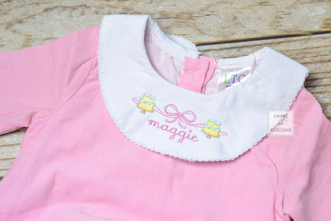 Baby girl monogrammed bishop bubble in pink corduroy, 1st birthday outfit, cake smash outfit, monogrammed baby girl outfit