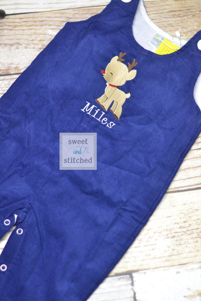 Baby boy Christmas outfit, Toddler Boys Christmas overalls, Boys monogrammed reindeer outfit, Navy Corduroy Christmas Longall Outfit