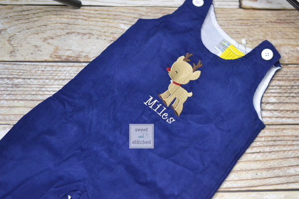 Baby boy Christmas outfit, Toddler Boys Christmas overalls, Boys monogrammed reindeer outfit, Navy Corduroy Christmas Longall Outfit
