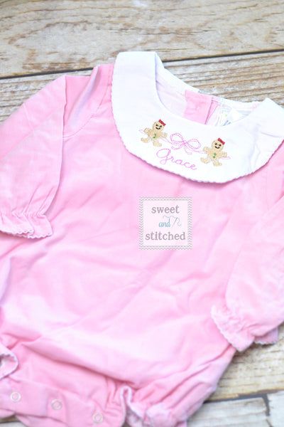 Baby girl monogrammed Christmas bishop bubble in pink corduroy, Ruffle Christmas outfit with gingerbread girls design, Christmas outfit