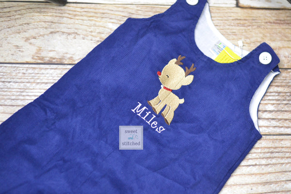 Baby boy Christmas outfit, Toddler Boys Christmas overalls, Boys monogrammed reindeer outfit, Navy Corduroy Christmas Longall Outfit