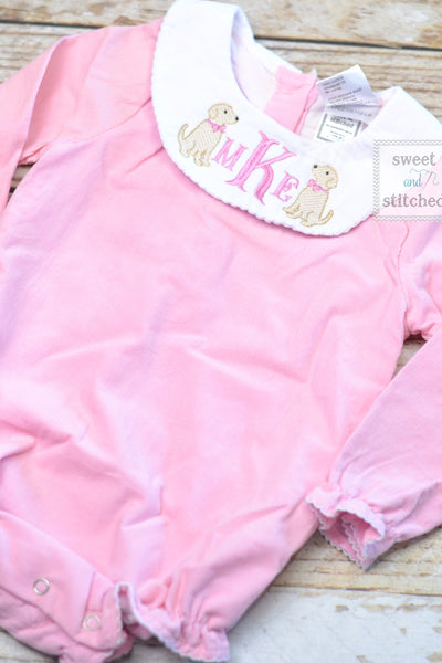 Baby girl monogrammed bishop bubble in pink corduroy with puppy design, 1st birthday puppy outfit, puppy dog cake smash outfit