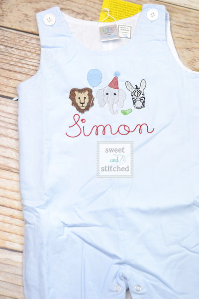 Monogrammed baby boy Birthday overalls with zoo animals, party animal birthday outfit, zoo themed cake smash outfit, zoo birthday outfit