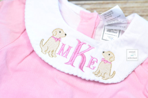 Baby girl monogrammed bishop bubble in pink corduroy with puppy design, 1st birthday puppy outfit, puppy dog cake smash outfit