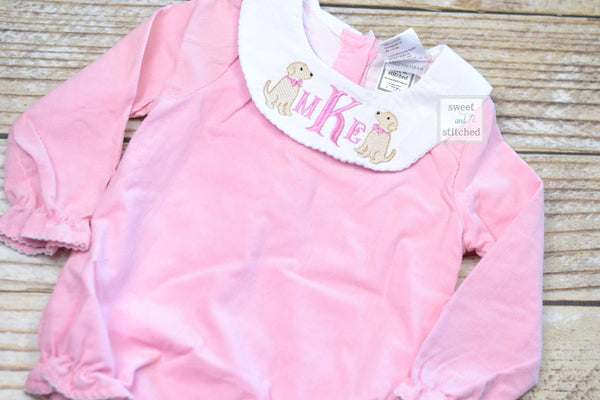 Monogrammed Baby Girl Pink Corduroy Bubble, Puppy Design