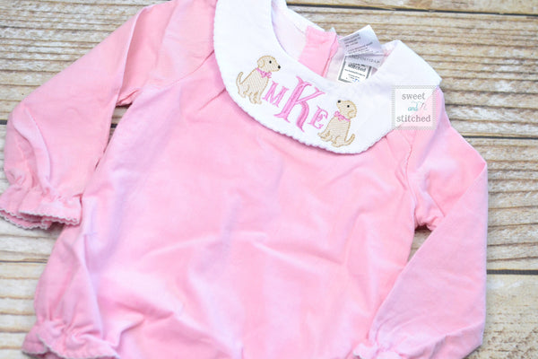 Baby girl monogrammed bishop bubble in pink corduroy with puppy design, 1st birthday puppy outfit, puppy dog cake smash outfit