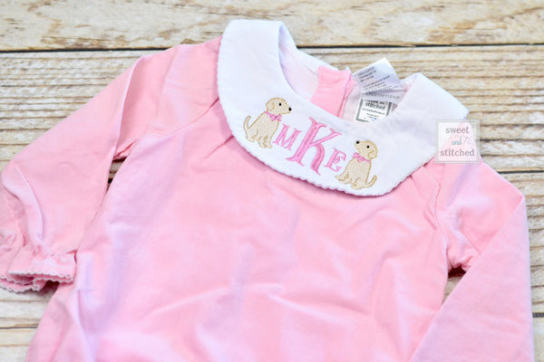 Baby girl monogrammed bishop bubble in pink corduroy with puppy design, 1st birthday puppy outfit, puppy dog cake smash outfit