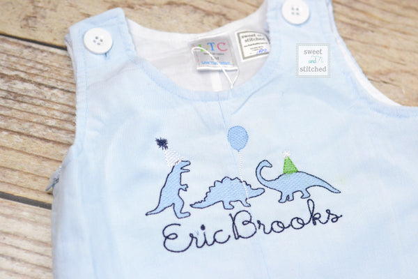Monogrammed baby boy Birthday romper with dinosaurs, dinosaur birthday outfit, dinosaur themed cake smash outfit, dinosaur overalls
