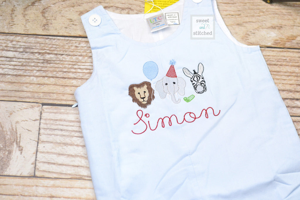 Monogrammed baby boy Birthday overalls with zoo animals, party animal birthday outfit, zoo themed cake smash outfit, zoo birthday outfit