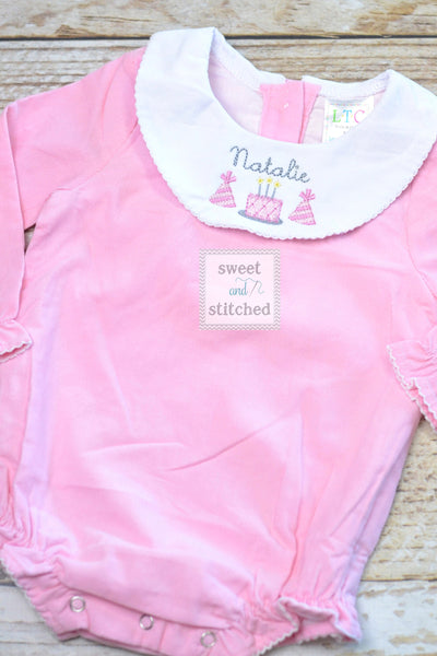 Baby girl monogrammed bishop bubble in pink corduroy, 1st birthday outfit, cake smash outfit, monogrammed baby girl outfit