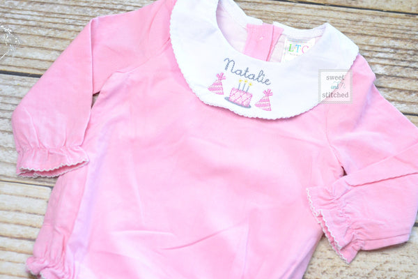 Baby girl monogrammed bishop bubble in pink corduroy, 1st birthday outfit, cake smash outfit, monogrammed baby girl outfit