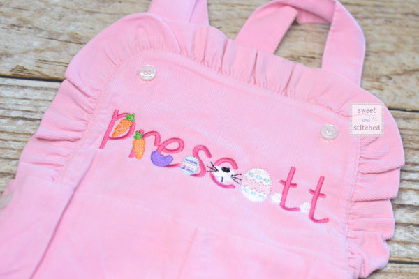 Monogrammed baby girl pink ruffle overalls with easter design, girls monogrammed easter outfit, 1st easter outfit, sibling easter outfits