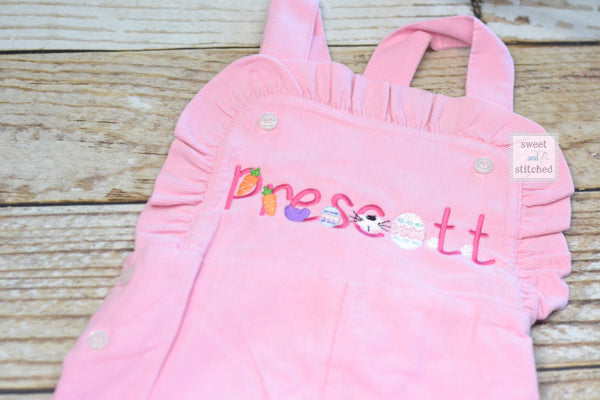 Monogrammed baby girl pink ruffle overalls with easter design, girls monogrammed easter outfit, 1st easter outfit, sibling easter outfits