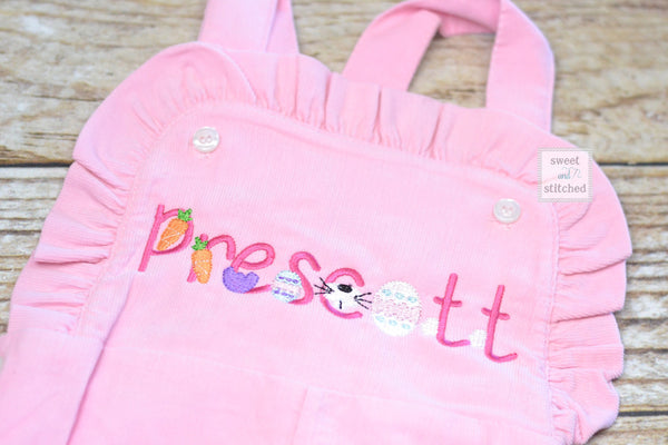 Monogrammed baby girl pink ruffle overalls with easter design, girls monogrammed easter outfit, 1st easter outfit, sibling easter outfits