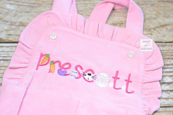 Monogrammed baby girl pink ruffle overalls with easter design, girls monogrammed easter outfit, 1st easter outfit, sibling easter outfits